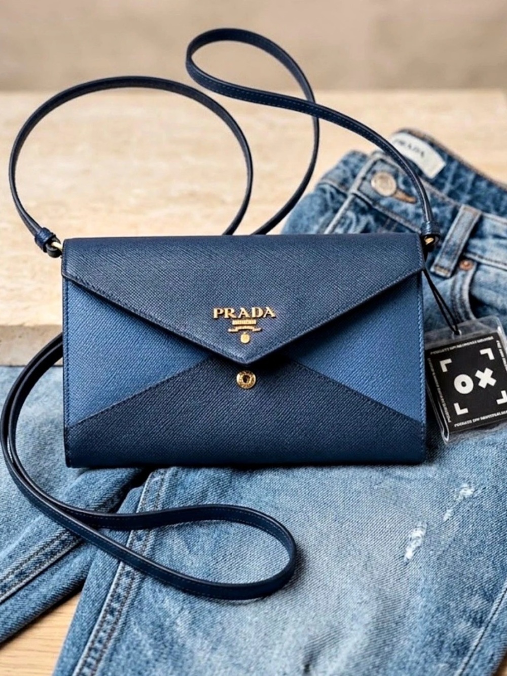 Prada Saffiano Leather Envelope Wallet on Chain Blue